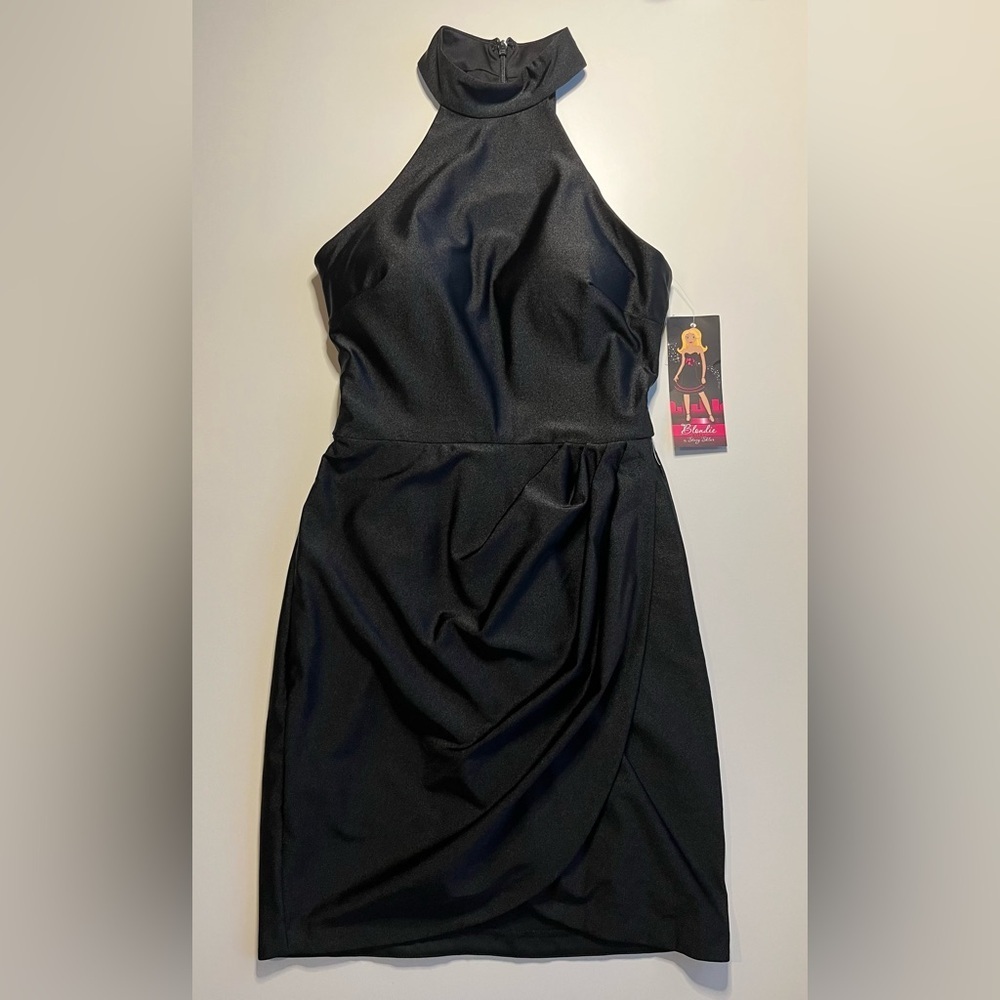 Blondie Nites Black Satin Halter Mini Dress NWT Size 3 - Picture 3 of 12